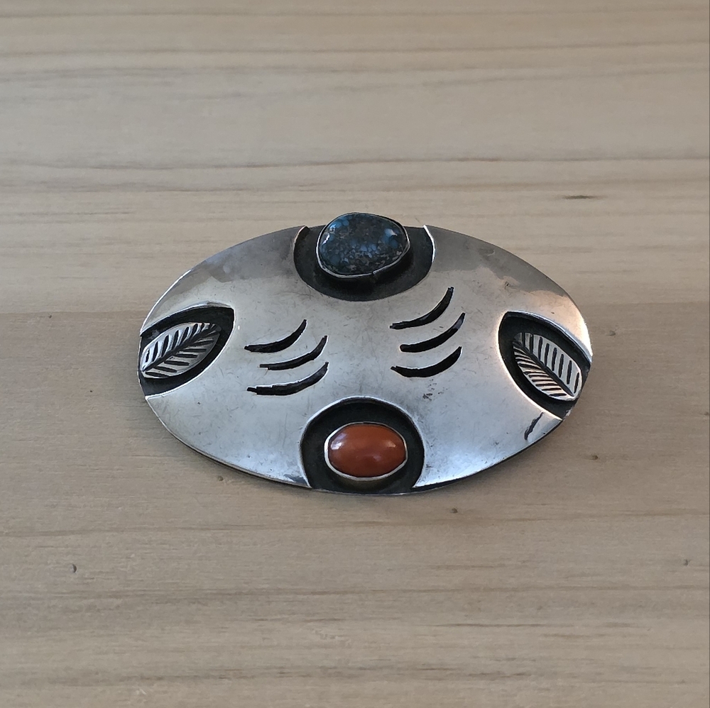 Native American Sterling Brooch with Coral and Turquoise